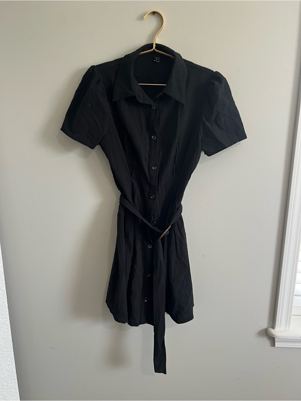 Classic Black Button-Up Mini Shirt Dress with Waist Tie